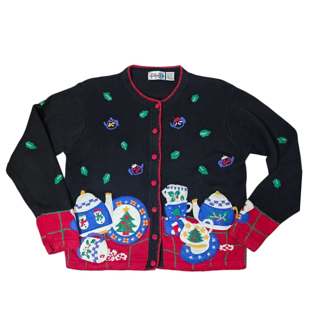 Vintage Paul Harris Design Womens S Black Embroidered Christmas Holiday Cardigan